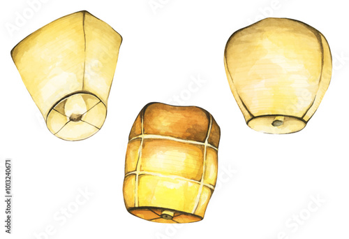 Set of Paper lantern, Floating lanterns in the sky. Making a Wish. Watercolor illustration.