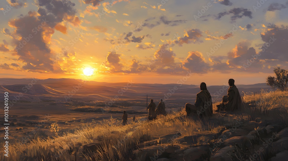 Fototapeta premium Dramatic sunset over a desert landscape with silhouetted figures