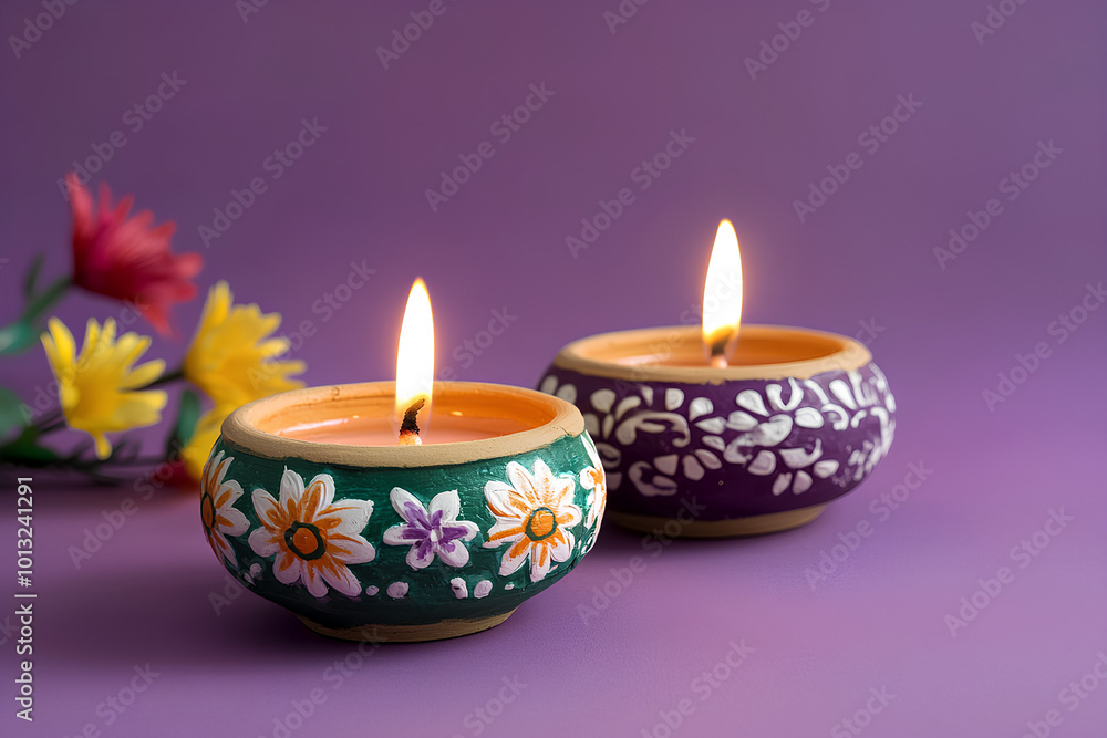 Colorful clay diya lamps with flowers on purple background Colorful clay diya lamps with flowers on purple background