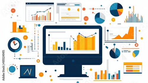 Colorful data visualization on a computer screen with graphs and charts, representing analysis and statistics in a modern design.