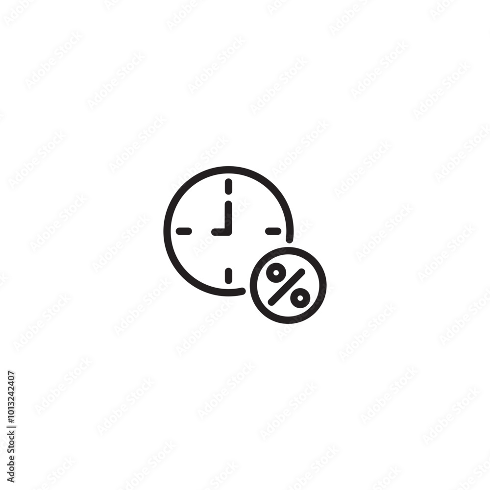 Time with percent symbol. Clock icon with a percent sign, representing time-based rates or deadlines. Minimalist clock with percent. Time with percent symbol. Clock icon with a percent sign, representing time-based rates or deadlines. Minimalist clock with percent.