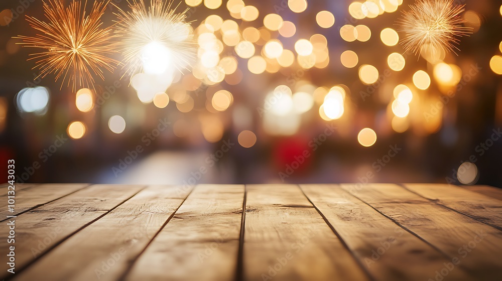 Wooden Table Against A Festive Blurred Background Wooden Table Against A Festive Blurred Background