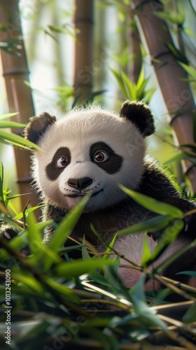 Adorable baby panda playing in a bamboo forest, 4K hyperrealistic photo.