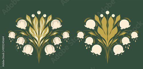 Vector set of tracery and silhouette illustration lilies of the valley in flat style. Collection of floral symmetrical arrangement on dark green background. Decorative spring flowers for postcards