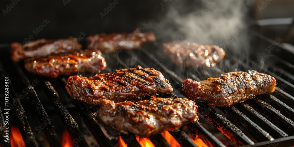 Barbecue grill with various delicious meats on fire, background Barbecue grill with various delicious meats on fire, background