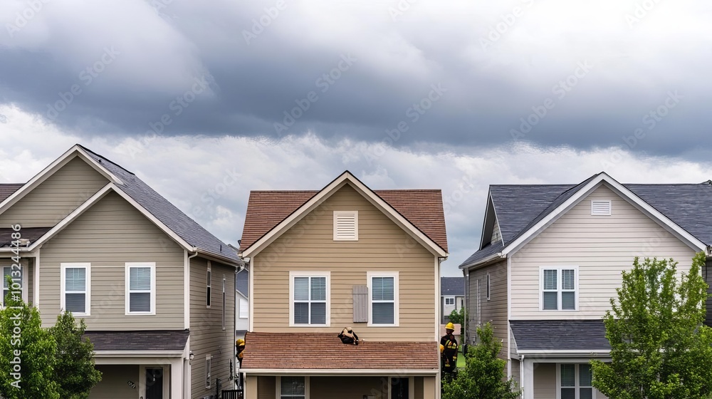 Damaged suburban homes with emergency workers securing roofs and windows, cloudy sky, Flood Damage, Residential flood recovery Damaged suburban homes with emergency workers securing roofs and windows, cloudy sky, Flood Damage, Residential flood recovery