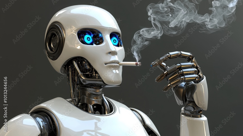 Naklejka premium Futuristic humanoid robot smoking a cigarette, blending advanced technology with old habits in a sleek, modern design. 
