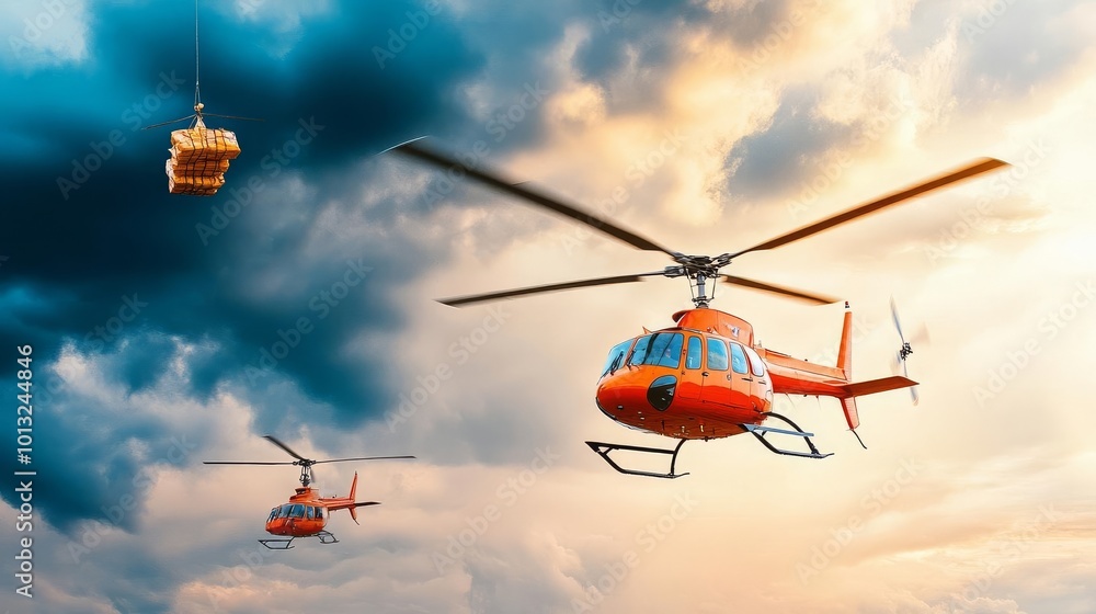 Emergency rescue helicopters airlifting supplies to flood-affected areas, storm clouds overhead, Flood Relief, Aerial rescue efforts Emergency rescue helicopters airlifting supplies to flood-affected areas, storm clouds overhead, Flood Relief, Aerial rescue efforts