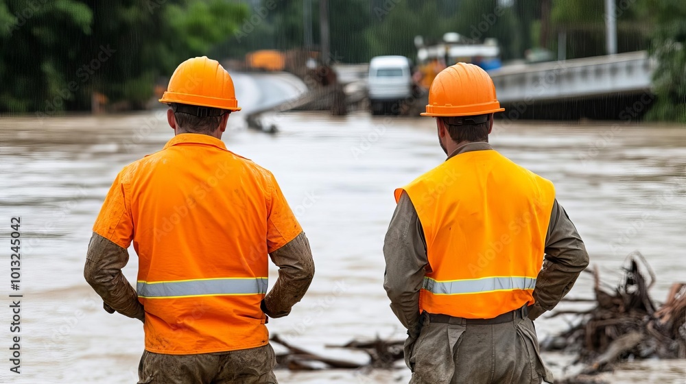 Emergency workers assessing flood damage to roads and highways, Flood ...