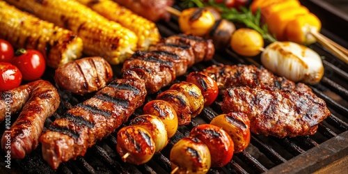 Barbecue grill with various delicious meats on fire, background