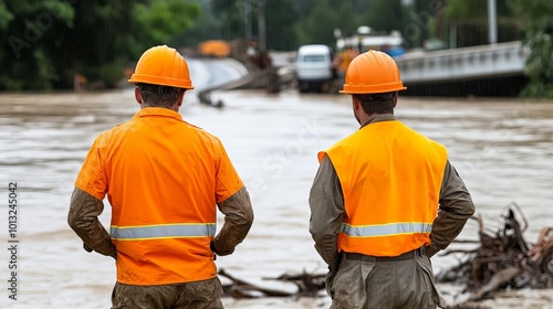 Emergency workers assessing flood damage to roads and highways, Flood Damage, Transport infrastructure recovery