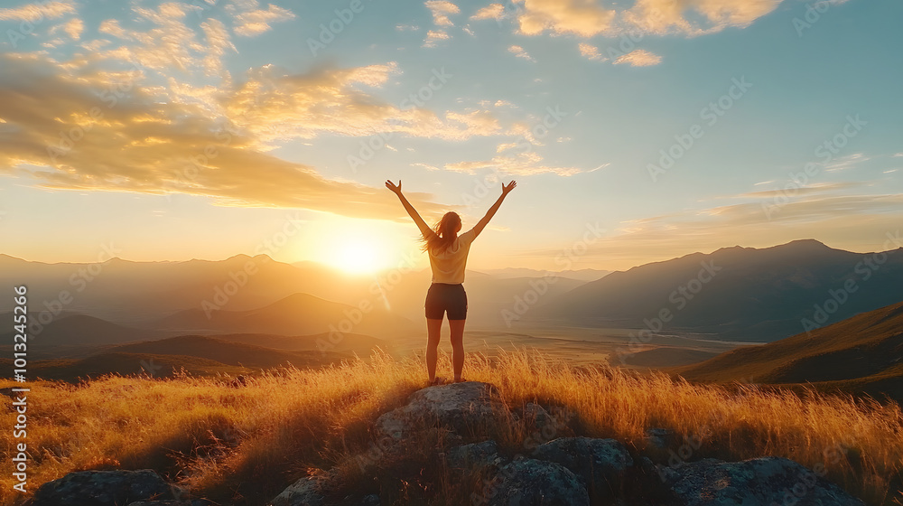 The girl on the top of the mountain raised both hands, the sun was setting. concept of success and achievement, joy, happiness. The girl on the top of the mountain raised both hands, the sun was setting. concept of success and achievement, joy, happiness.
