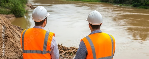 Engineers inspecting damage to levees after a flood, Flood Infrastructure, Critical assessments photo