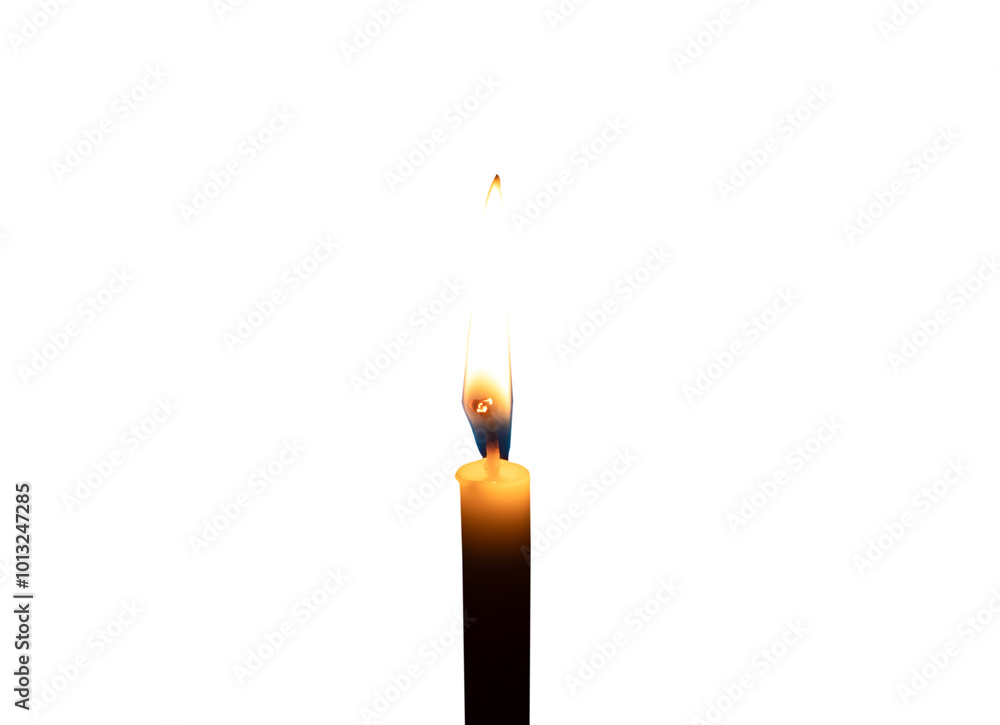 A single burning candle flame or light glowing on a small white candle isolated on white background with clipping path A single burning candle flame or light glowing on a small white candle isolated on white background with clipping path