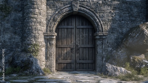 Ancient Stone Archway with Double Wooden Doors and Lanterns