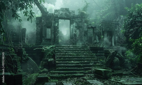 Lost city of the jungle, its ruins shrouded in mystery, 4K hyperrealistic photo