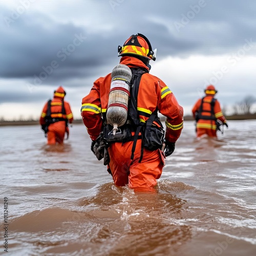 Wallpaper Mural Firefighters wading through floodwater rescuing stranded residents, stormy sky, Flood Rescue, Emergency response Torontodigital.ca