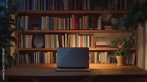 cozy home library with laptop on desk