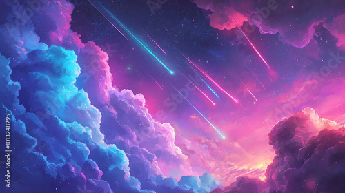 surreal anime skyscape swirling galaxy of pastel hues shooting stars with iridescent trails dreamy cloud formations otherworldly celestial bodies digital painterly style