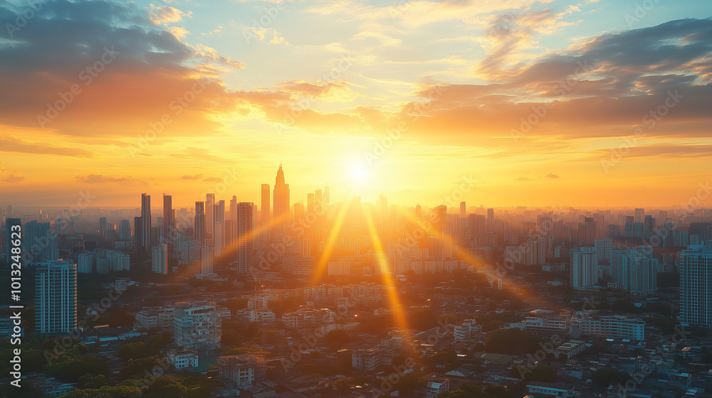 Sunset Over Expansive Cityscape With Skyscrapers Illuminated In Golden Light Sunset Over Expansive Cityscape With Skyscrapers Illuminated In Golden Light