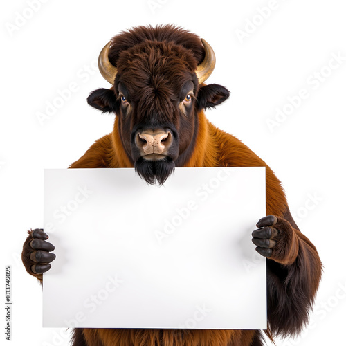 Bison with a Blank Sign: A majestic bison wearing a furry costume holds up a blank sign, ready for your message.  The sign is perfect for adding your text or logo, making it ideal for  advertising. photo