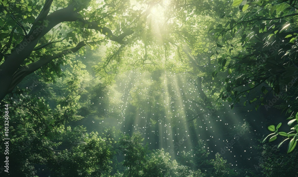 Obraz premium Verdant forest canopy illuminated by morning sunlight, 4K hyperrealistic photo