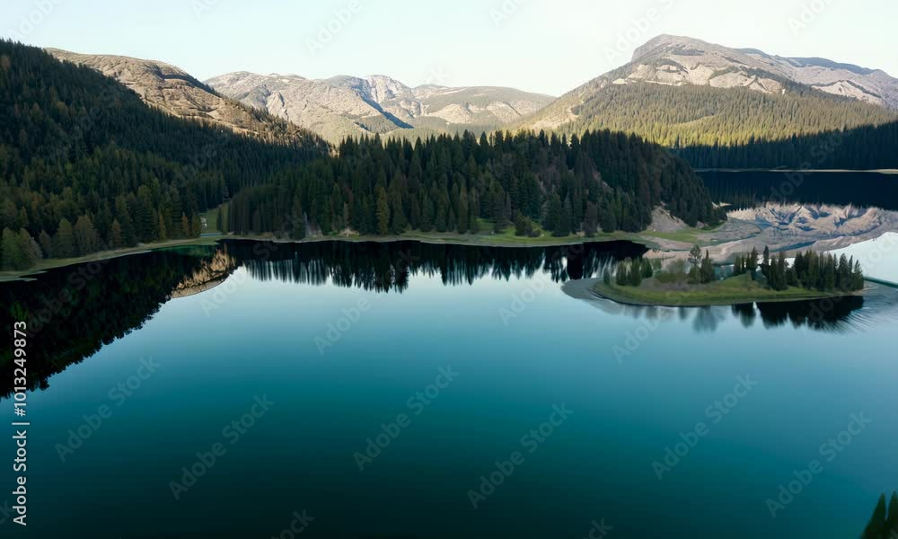 Tranquil lake surrounded by mountains and forest for relaxation. Tranquil lake surrounded by mountains and forest for relaxation.