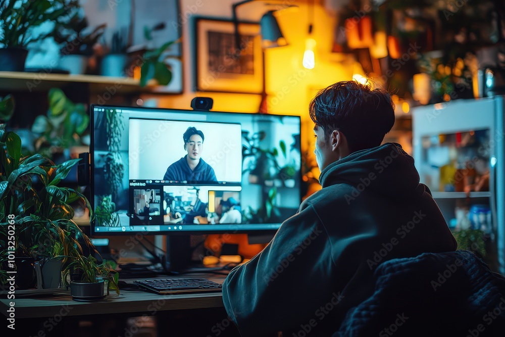 Person on a video conference call, seated at a desk surrounded by plants, in a warmly lit room, working from home in a modern, tech-driven workspace. Person on a video conference call, seated at a desk surrounded by plants, in a warmly lit room, working from home in a modern, tech-driven workspace.