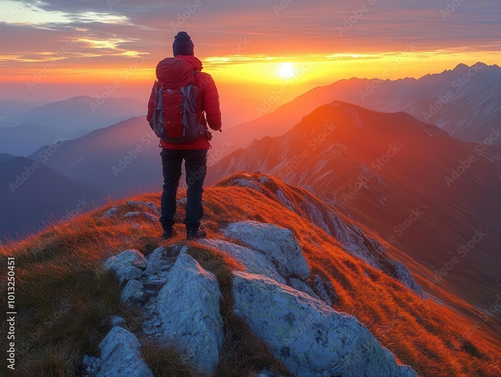 Obraz premium adventurous hiker standing triumphantly on a mountain peak gazing at breathtaking panoramic views of distant ranges and a vibrant sky at sunrise capturing the spirit of exploration and freedom