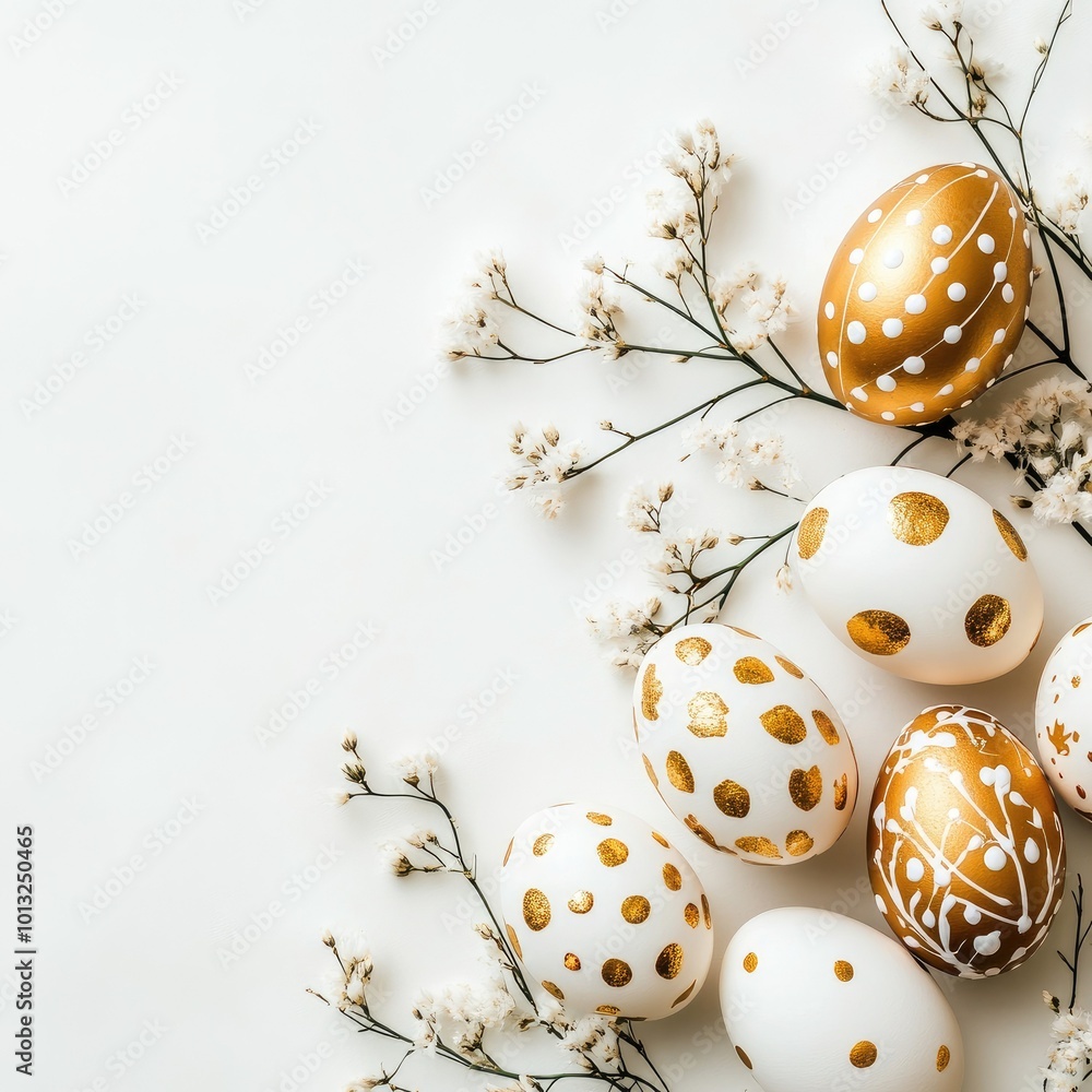 Obraz premium Beautiful Easter background with painted golden decoration on Easter eggs on white table. Top view and flat lay style with background