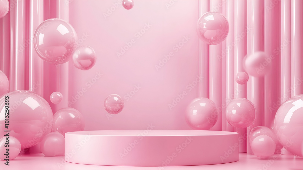 Trendy empty scene with podium or platform, flying bubble geometric shapes on pink background, Minimal scene with geometrical forms for product presentation Trendy empty scene with podium or platform, flying bubble geometric shapes on pink background, Minimal scene with geometrical forms for product presentation