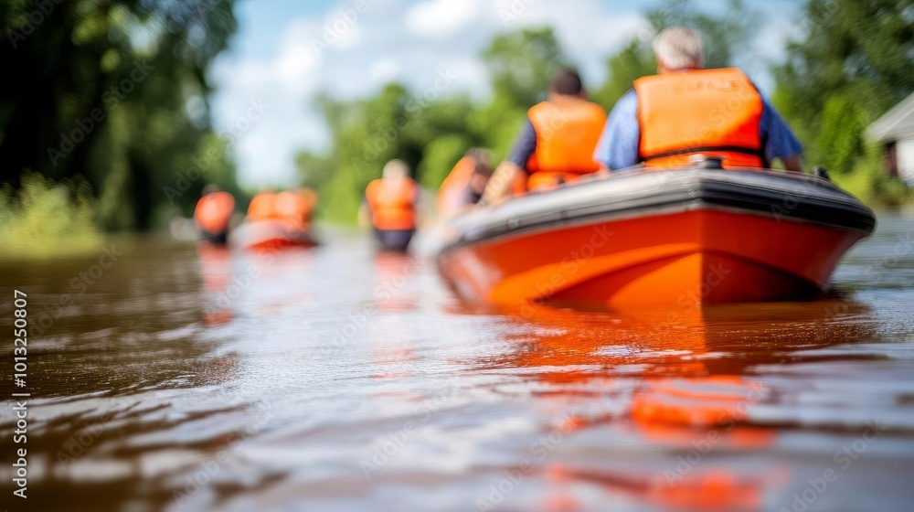 Rescue boats evacuating people from flooded neighborhoods, Flood ...