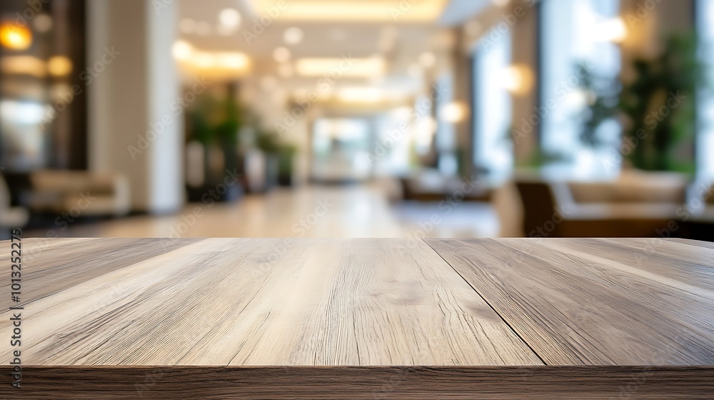 Wooden Tabletop with Blurred Lobby Background Wooden Tabletop with Blurred Lobby Background