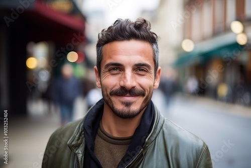 Portrait of a handsome young man smiling in a city street.