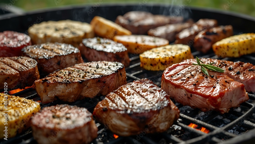 Various meat cuts grilling on a barbecue, showcasing mouth-watering outdoor flavors. Various meat cuts grilling on a barbecue, showcasing mouth-watering outdoor flavors.