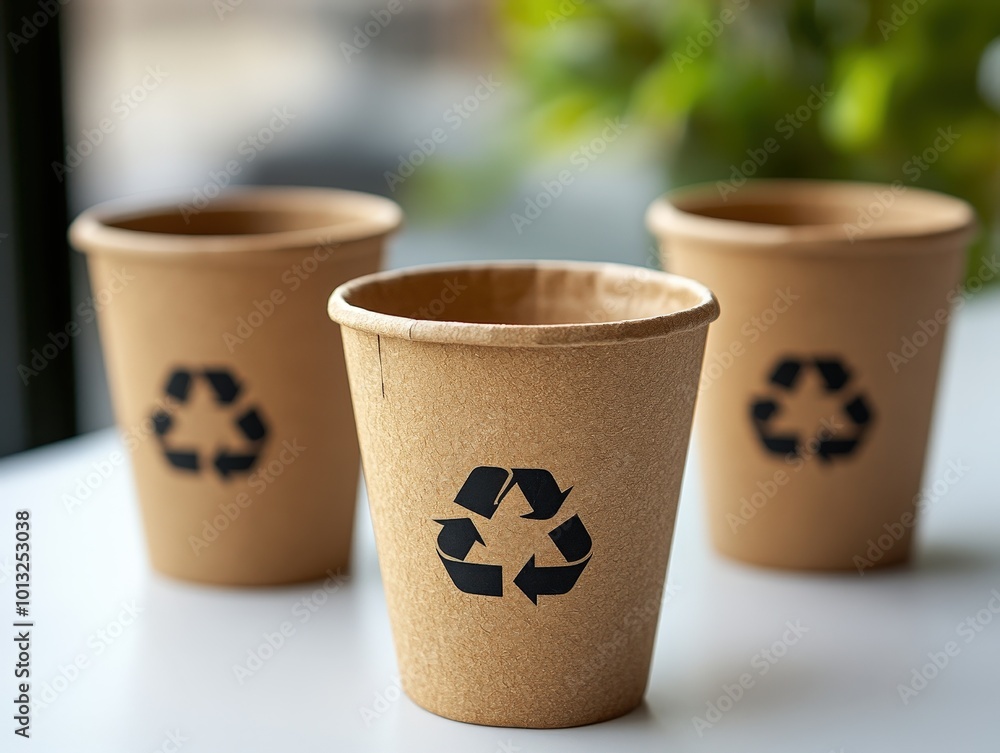 Eco-friendly paper cups with a recycling symbol on a table, promoting ...