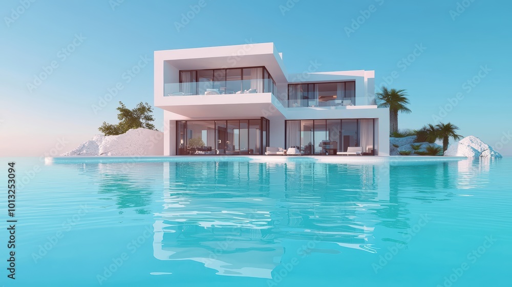 Fototapeta premium Modern Architectural Floorplan with 3D-Rendered Minimalist House Model - Clean and Sleek Design