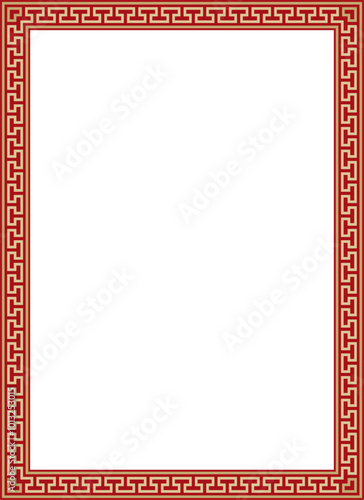 Vector gold with red classic Greek square ornament. Rectangle of Ancient Greece and Roman Empire. Byzantine painting of walls, floors and ceilings. Decoration of European palaces