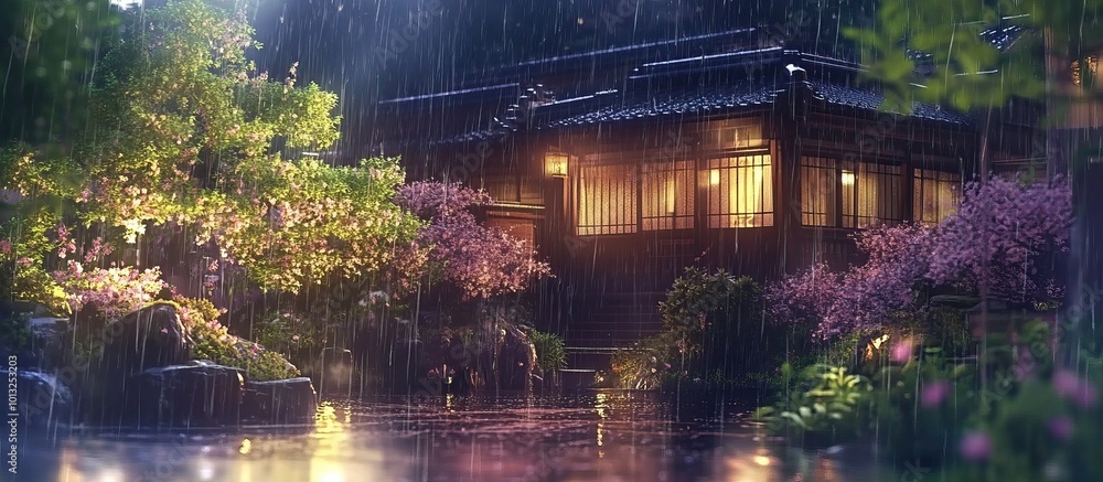Fototapeta premium Rainy Night in a Japanese Garden