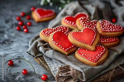 Heart-shaped cookies with red icing and white dots on a grey cloth and wooden board. Rustic still life food photography. Valentine's Day and romantic celebration concept for design. Generative AI