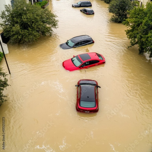 Wide shot of cars stuck in floodwaters, emergency response in progress, Flood Rescue, Urban disaster recovery photo