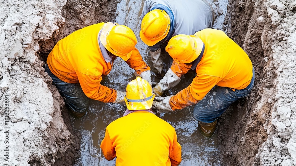 Workers reinforcing drainage systems after a flood, Flood Prevention, Water management Workers reinforcing drainage systems after a flood, Flood Prevention, Water management