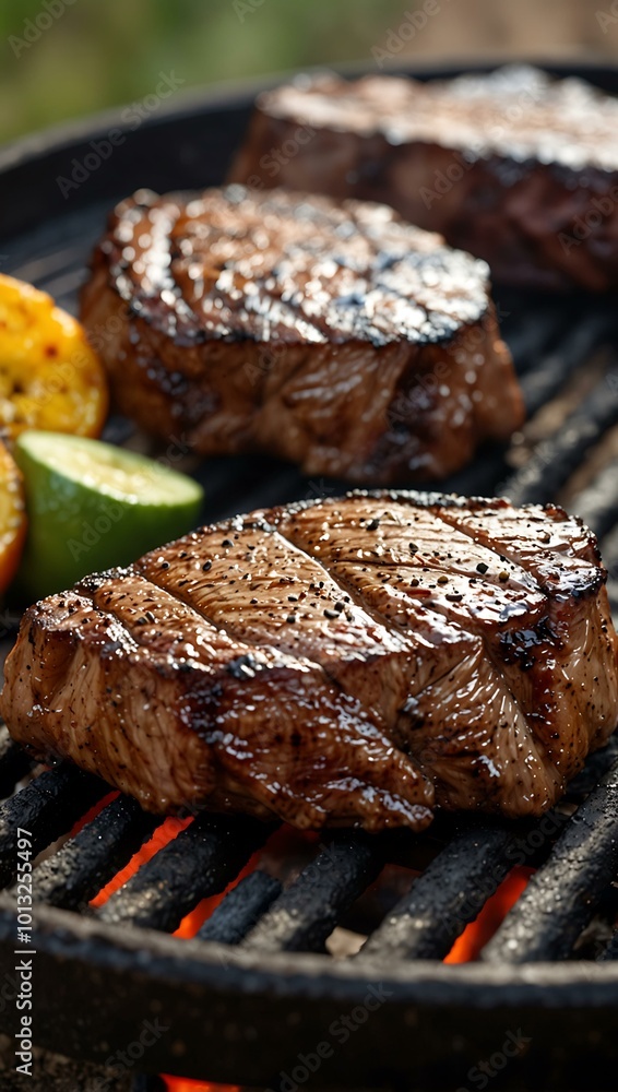 Thick, juicy steaks sear on the grill amid rising smoke, highlighting a barbecue scene rich in robust flavors. Thick, juicy steaks sear on the grill amid rising smoke, highlighting a barbecue scene rich in robust flavors.