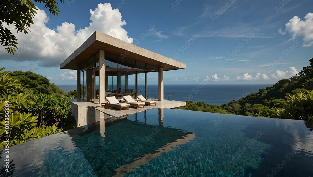 This luxurious villa has an infinity pool with uninterrupted ocean views, surrounded by lush greenery. This luxurious villa has an infinity pool with uninterrupted ocean views, surrounded by lush greenery.