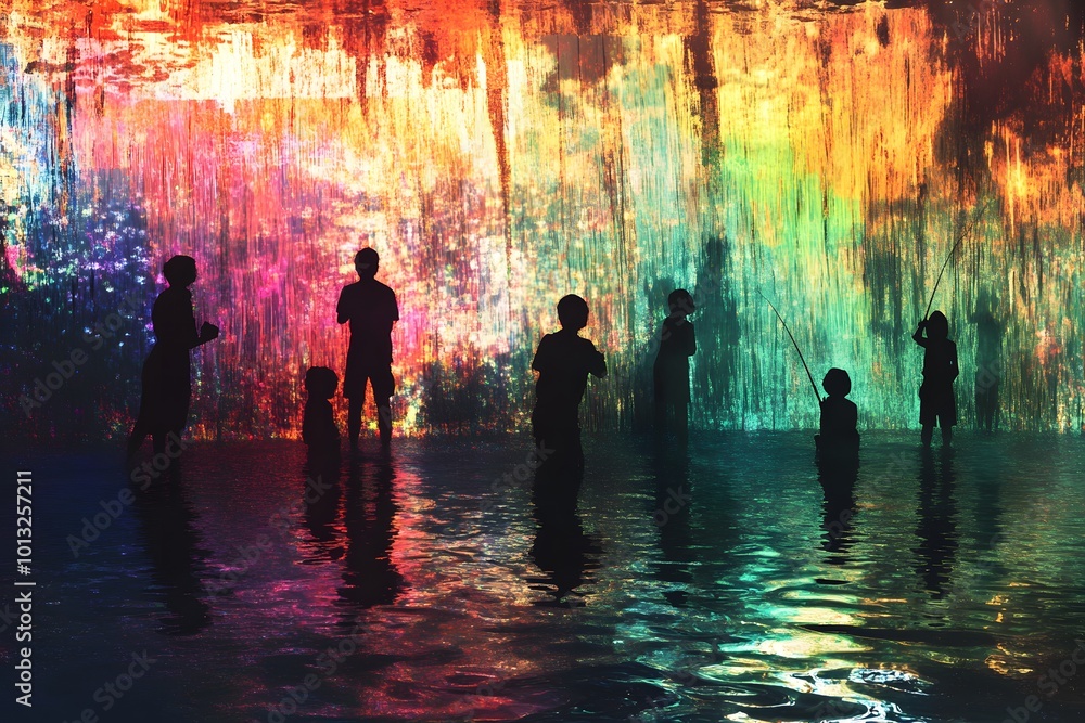 Silhouettes of people in a colorful, reflective pool Silhouettes of people in a colorful, reflective pool