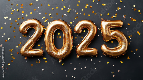 Celebrate arrival of new year with these shiny gold balloons spelling out 2025, surrounded by festive confetti. Perfect for party decorations!