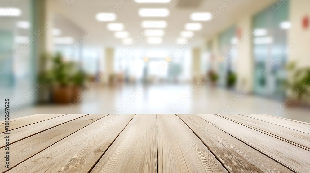 Wooden Tabletop with Blurred Office Background Wooden Tabletop with Blurred Office Background