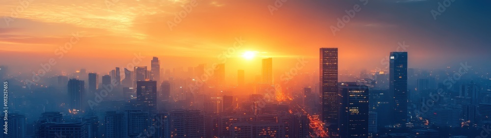 Stunning urban skyline at sunset, showcasing vibrant colors and silhouettes of skyscrapers against a misty backdrop. Stunning urban skyline at sunset, showcasing vibrant colors and silhouettes of skyscrapers against a misty backdrop.
