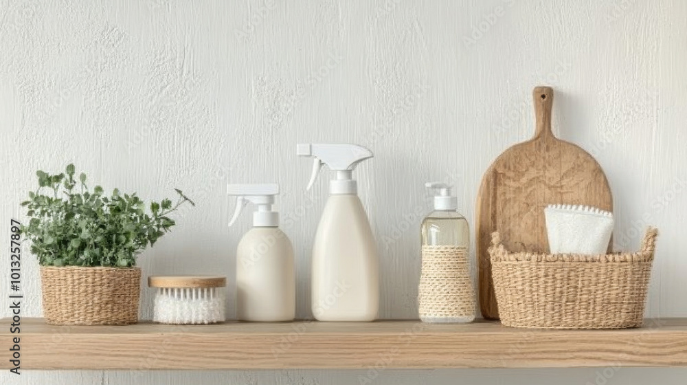 A clean and organized shelf displays various eco friendly cleaning products alongside natural decor elements, creating serene and inviting atmosphere A clean and organized shelf displays various eco friendly cleaning products alongside natural decor elements, creating serene and inviting atmosphere