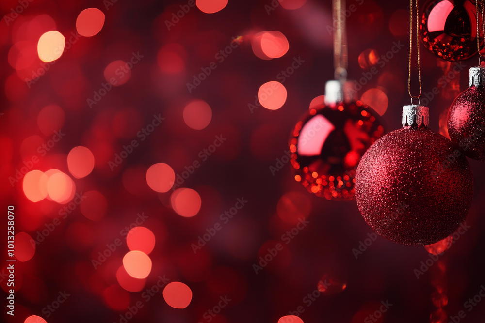 Sparkling red Christmas ornaments hang against blurred red background, creating festive and joyful atmosphere perfect for holiday celebrations Sparkling red Christmas ornaments hang against blurred red background, creating festive and joyful atmosphere perfect for holiday celebrations